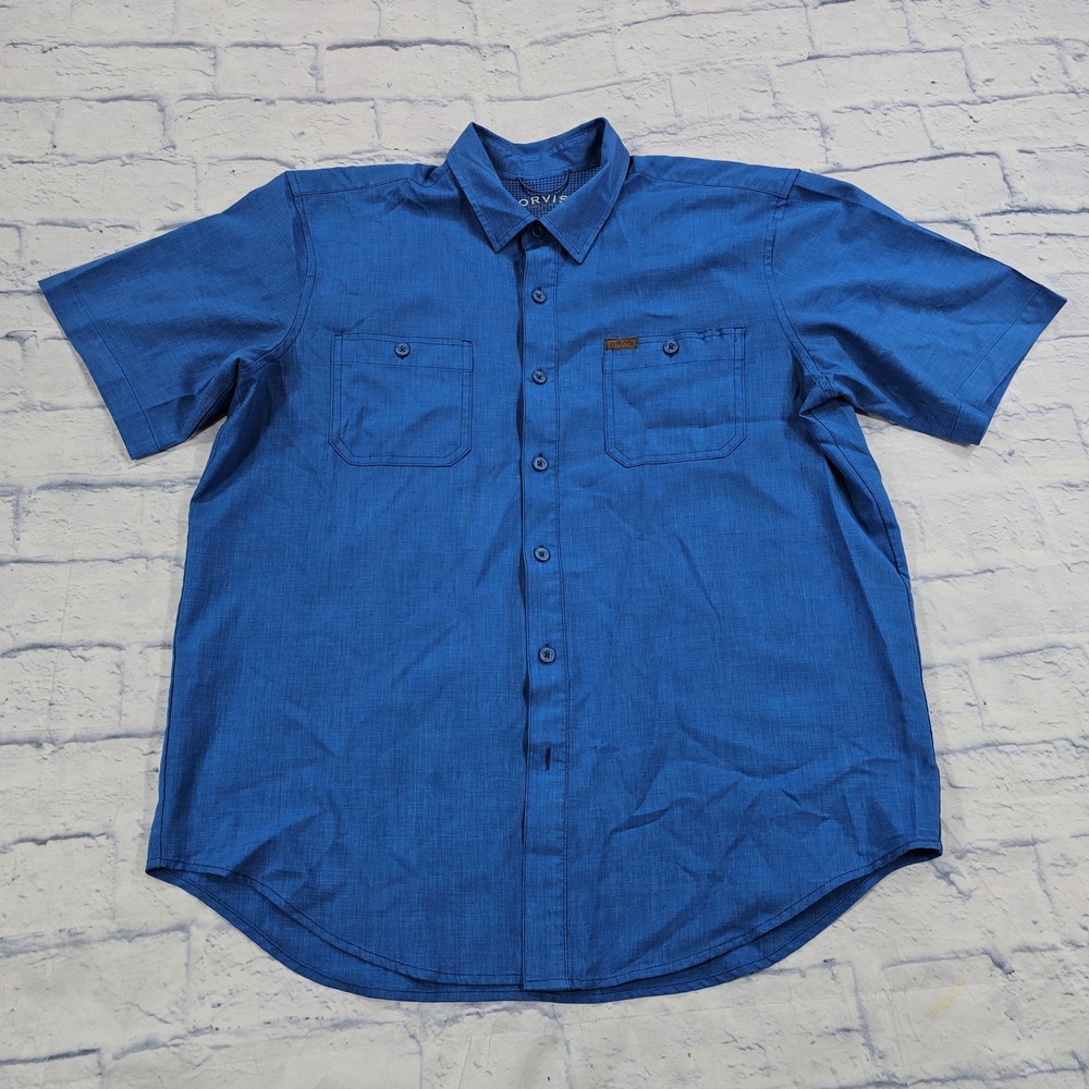 Orvis Tech Work Shirt MENS L Blue Short Sleeve Dual Pocket Hiking Utility